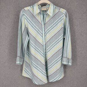 Chicos Womens No Iron 100% Linen Button Up Blouse Size 0/S Blue Green Stripe EUC